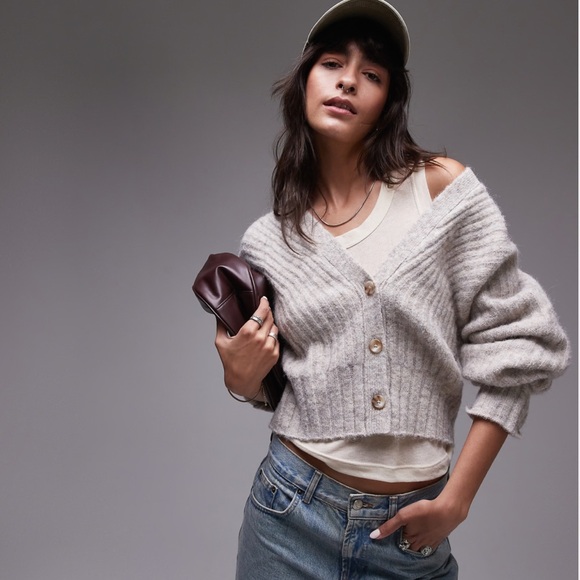 Topshop Ivory Cream Rib Knit V-Neck Wool Blend Cropped Cardigan Sweater - Picture 5 of 10